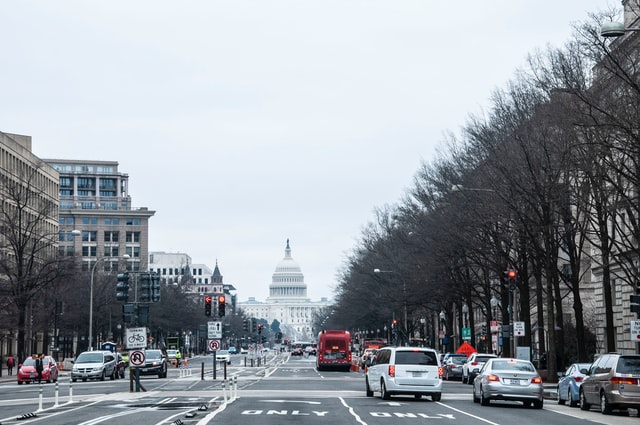 A road and vehicles in Washington, D.C.